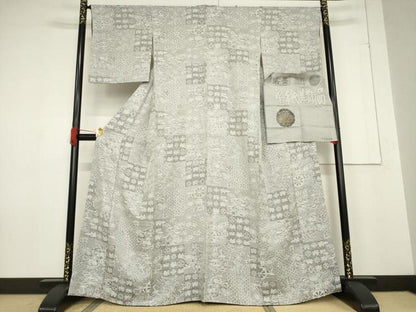 平和屋着物●山岡古都・古都染人　染織美術品　薬墨染　天目織　お召　市松吉祥花文　正絹　逸品　AABF1366ck
