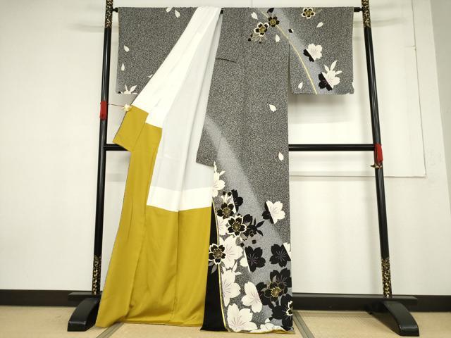 平和屋着物●訪問着　駒刺繍　舞桜文　暈し染め　黒地　金彩　ロング丈　正絹　逸品　AABF1370ck