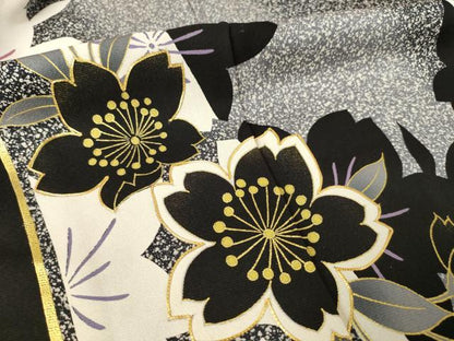 平和屋着物●訪問着　駒刺繍　舞桜文　暈し染め　黒地　金彩　ロング丈　正絹　逸品　AABF1370ck