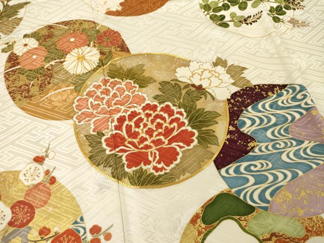 平和屋着物●十日町老舗ブランド　吉澤友禅　吾妻徳穂　振袖　駒刺繍　花丸文　金彩　正絹　逸品　AABF1376ck