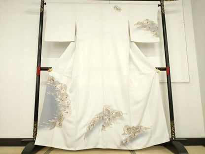 平和屋着物●訪問着　総刺繍　立波花文　暈し染め　金糸　正絹　逸品　AABF1377ck