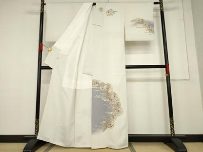 平和屋着物●訪問着　総刺繍　立波花文　暈し染め　金糸　正絹　逸品　AABF1377ck