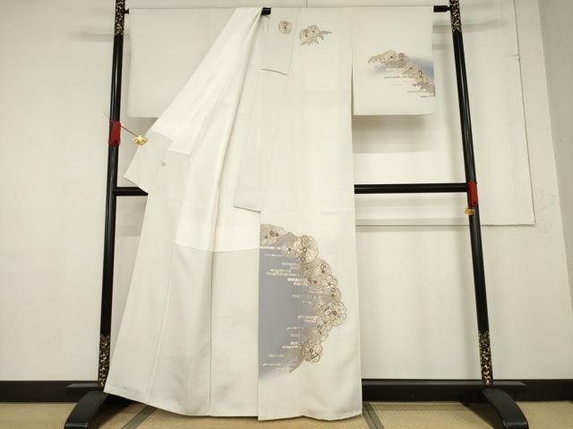 平和屋着物●訪問着　総刺繍　立波花文　暈し染め　金糸　正絹　逸品　AABF1377ck