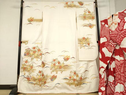 平和屋着物●豪華振袖・長襦袢(無双仕立て)セット　総絞り　駒刺繍　雪芝花蝶文　正絹　逸品　AABF1379ck