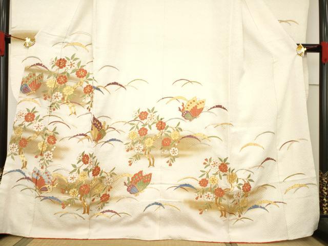 平和屋着物●豪華振袖・長襦袢(無双仕立て)セット　総絞り　駒刺繍　雪芝花蝶文　正絹　逸品　AABF1379ck