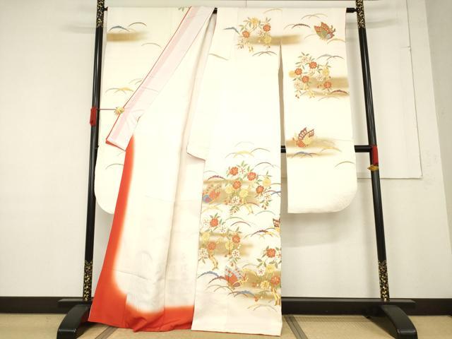 平和屋着物●豪華振袖・長襦袢(無双仕立て)セット　総絞り　駒刺繍　雪芝花蝶文　正絹　逸品　AABF1379ck