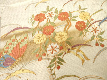 平和屋着物●豪華振袖・長襦袢(無双仕立て)セット　総絞り　駒刺繍　雪芝花蝶文　正絹　逸品　AABF1379ck