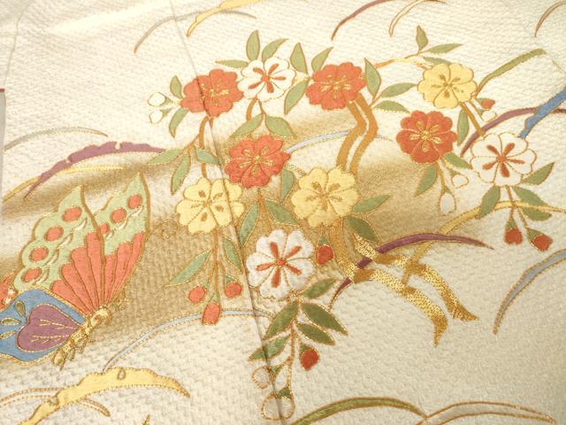 平和屋着物●豪華振袖・長襦袢(無双仕立て)セット　総絞り　駒刺繍　雪芝花蝶文　正絹　逸品　AABF1379ck