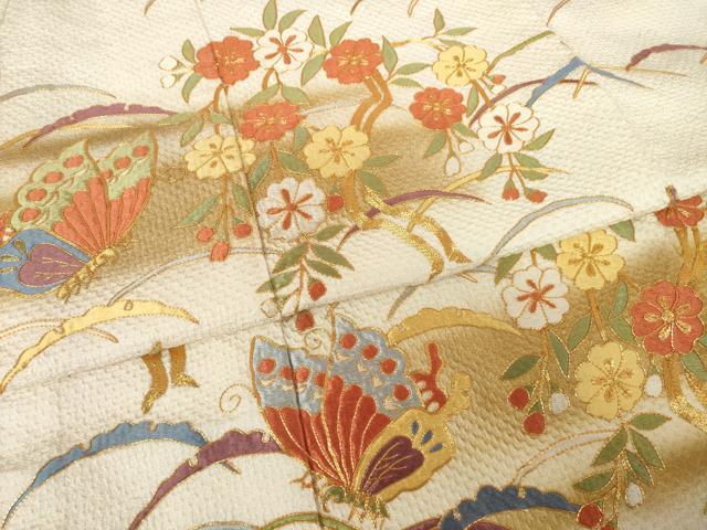 平和屋着物●豪華振袖・長襦袢(無双仕立て)セット　総絞り　駒刺繍　雪芝花蝶文　正絹　逸品　AABF1379ck