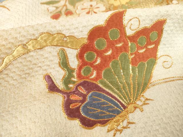 平和屋着物●豪華振袖・長襦袢(無双仕立て)セット　総絞り　駒刺繍　雪芝花蝶文　正絹　逸品　AABF1379ck