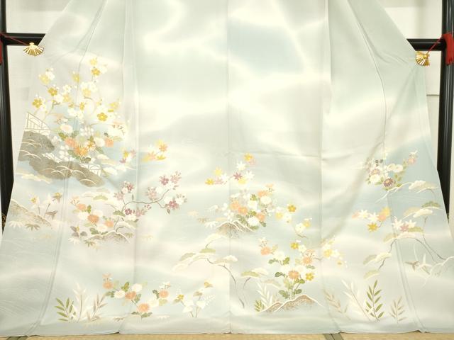 平和屋着物○訪問着 友禅 駒刺繍 風景花文 暈し染め 金彩