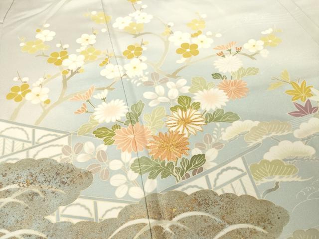 平和屋着物●訪問着　友禅　駒刺繍　風景花文　暈し染め　金彩　東武百貨店扱い　ロング丈　正絹　逸品　AABF1385ck 平和屋着物○訪問着 友禅 駒刺繍 風景花文 暈し染め 金彩