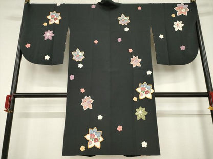 平和屋着物●道行コート　舞花文　黒地　正絹　逸品　AABF1386ck