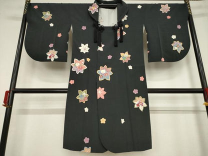 平和屋着物●道行コート　舞花文　黒地　正絹　逸品　AABF1386ck