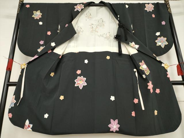 平和屋着物●道行コート　舞花文　黒地　正絹　逸品　AABF1386ck