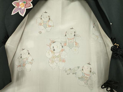 平和屋着物●道行コート　舞花文　黒地　正絹　逸品　AABF1386ck