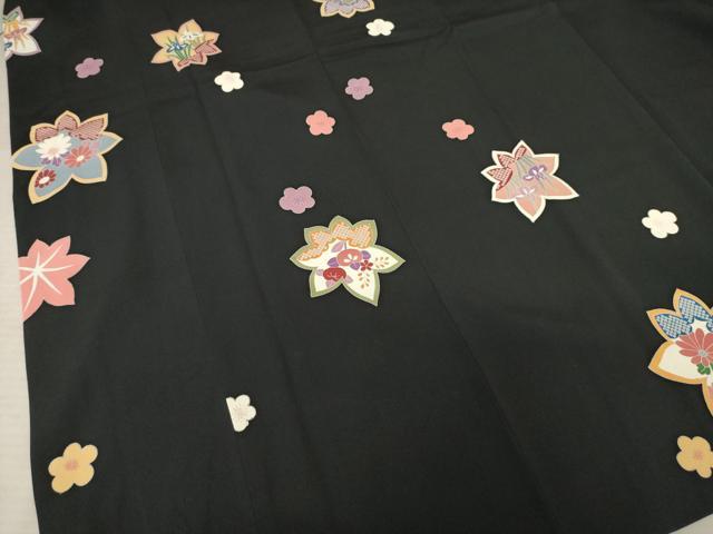 平和屋着物●道行コート　舞花文　黒地　正絹　逸品　AABF1386ck