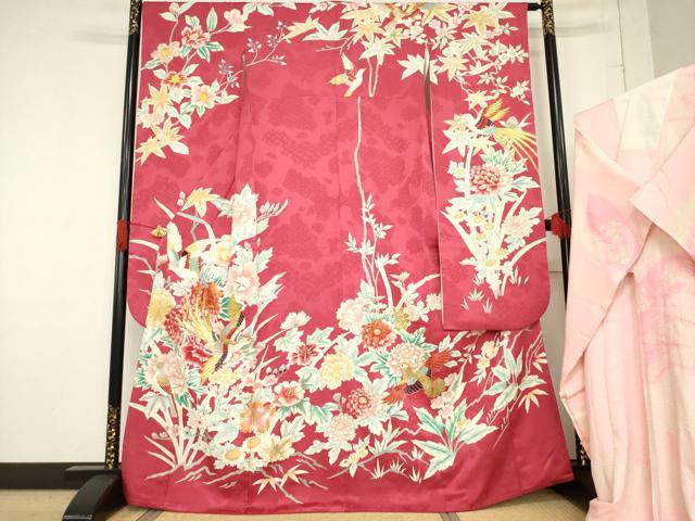 平和屋着物●豪華振袖・長襦袢(袷)セット　駒刺繍　染織名作展　花鳥文　金彩　長襦袢：広衿仕立て　正絹　逸品　AABF1389ck
