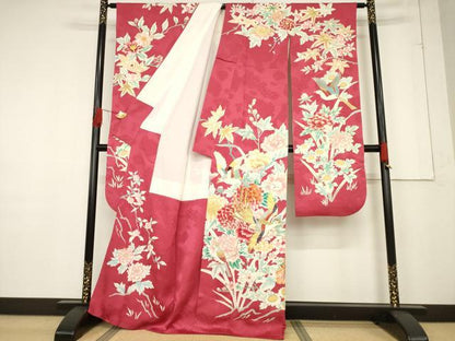 平和屋着物●豪華振袖・長襦袢(袷)セット　駒刺繍　染織名作展　花鳥文　金彩　長襦袢：広衿仕立て　正絹　逸品　AABF1389ck