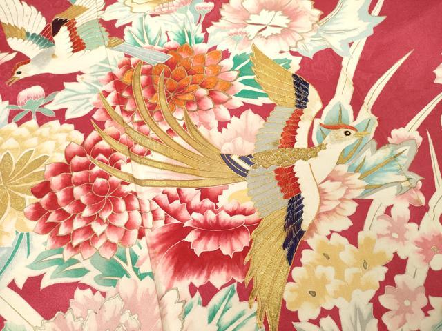 平和屋着物●豪華振袖・長襦袢(袷)セット　駒刺繍　染織名作展　花鳥文　金彩　長襦袢：広衿仕立て　正絹　逸品　AABF1389ck