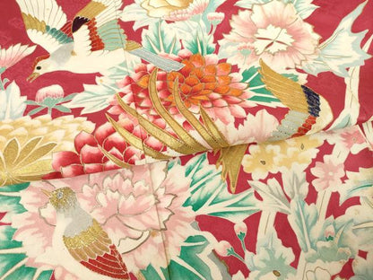 平和屋着物●豪華振袖・長襦袢(袷)セット　駒刺繍　染織名作展　花鳥文　金彩　長襦袢：広衿仕立て　正絹　逸品　AABF1389ck