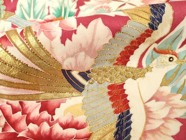 平和屋着物●豪華振袖・長襦袢(袷)セット　駒刺繍　染織名作展　花鳥文　金彩　長襦袢：広衿仕立て　正絹　逸品　AABF1389ck
