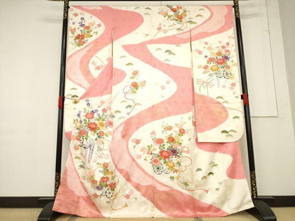 平和屋着物●創業460年・千總　振袖　友禅　駒刺繍　絞り　花車文　金彩　高島屋扱い　正絹　逸品　AABF1390ck