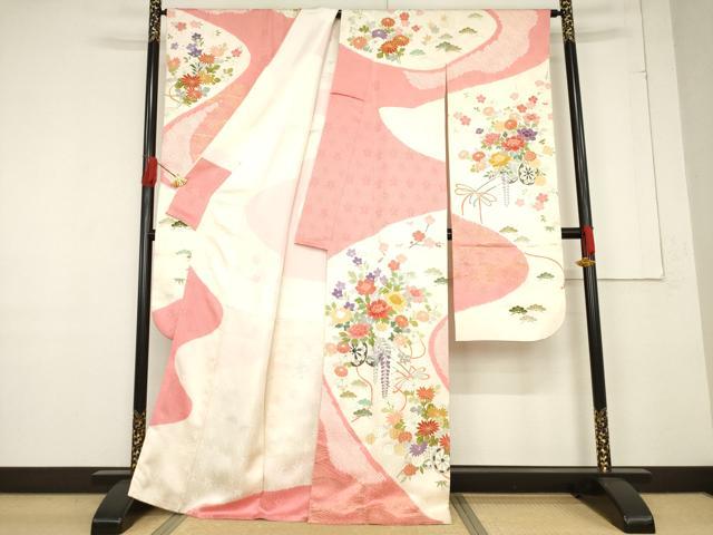 平和屋着物●創業460年・千總　振袖　友禅　駒刺繍　絞り　花車文　金彩　高島屋扱い　正絹　逸品　AABF1390ck
