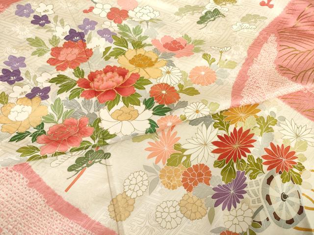 平和屋着物●創業460年・千總　振袖　友禅　駒刺繍　絞り　花車文　金彩　高島屋扱い　正絹　逸品　AABF1390ck