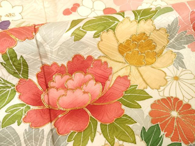 平和屋着物●創業460年・千總　振袖　友禅　駒刺繍　絞り　花車文　金彩　高島屋扱い　正絹　逸品　AABF1390ck