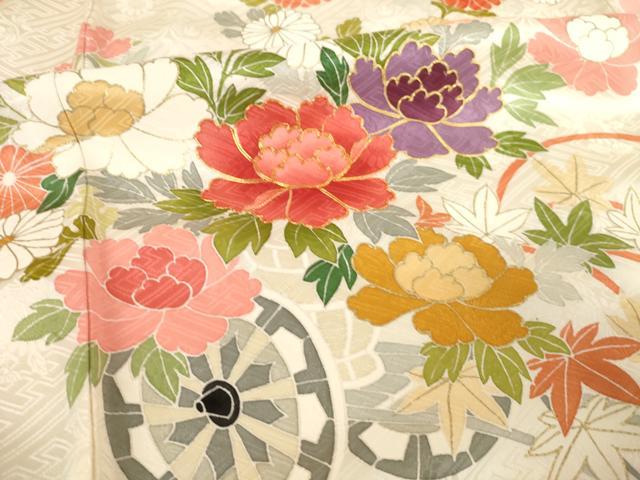 平和屋着物●創業460年・千總　振袖　友禅　駒刺繍　絞り　花車文　金彩　高島屋扱い　正絹　逸品　AABF1390ck