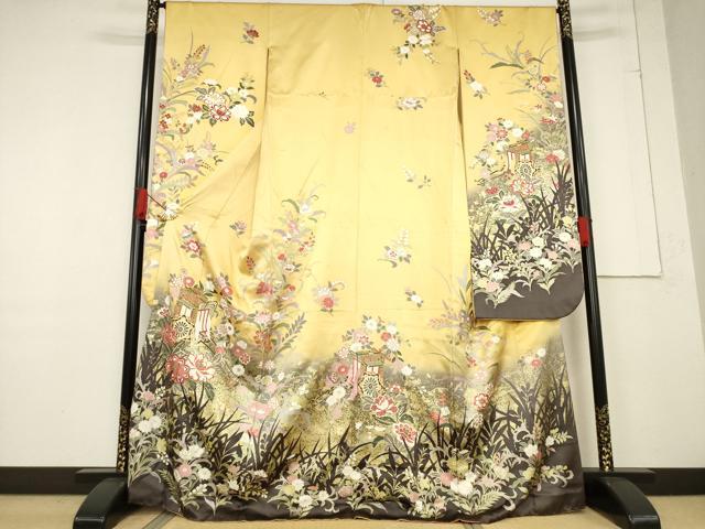 平和屋着物●豪華振袖　駒刺繍　御所車花文　暈し染め　金彩　正絹　逸品　AABF1393ck 平和屋着物○豪華振袖 駒刺繍 御所車花文 暈し染め 金彩 正絹
