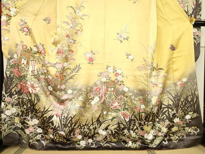 平和屋着物●豪華振袖　駒刺繍　御所車花文　暈し染め　金彩　正絹　逸品　AABF1393ck