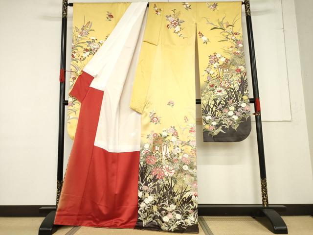 平和屋着物●豪華振袖　駒刺繍　御所車花文　暈し染め　金彩　正絹　逸品　AABF1393ck 平和屋着物○豪華振袖 駒刺繍 舞桜文 暈し染め 金通し地 正絹 逸品