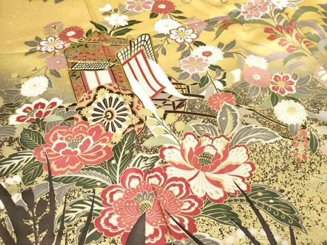 平和屋着物●豪華振袖　駒刺繍　御所車花文　暈し染め　金彩　正絹　逸品　AABF1393ck 平和屋着物○豪華振袖 駒刺繍 御所車花文 暈し染め 金彩 正絹