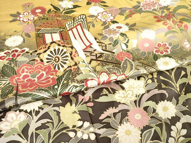 平和屋着物●豪華振袖　駒刺繍　御所車花文　金彩　正絹　逸品　AABF1765ck 平和屋着物○豪華振袖 友禅 駒刺繍 御所車花文 金彩 京王百貨店扱い