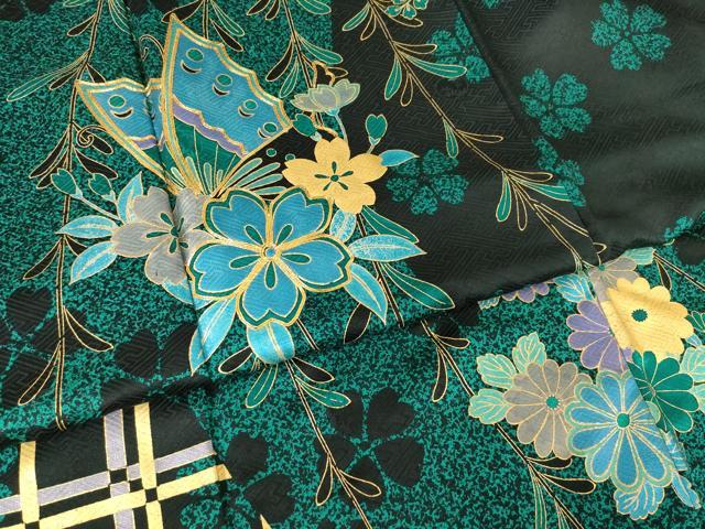 平和屋着物●豪華振袖　駒刺繍　花蝶文　黒地　金彩　正絹　逸品　AABF1394ck 平和屋着物○豪華振袖 駒刺繍 花蝶文 黒地 金彩 正絹 逸品 AABF1394ck