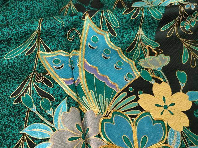 平和屋着物●豪華振袖　駒刺繍　花蝶文　黒地　金彩　正絹　逸品　AABF1394ck 平和屋着物○豪華振袖 駒刺繍 花蝶文 黒地 金彩 正絹 逸品 AABF1394ck