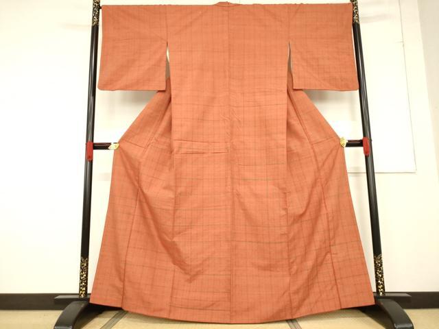 平和屋着物●結城紬　格子　正絹　逸品　AABF1397ck