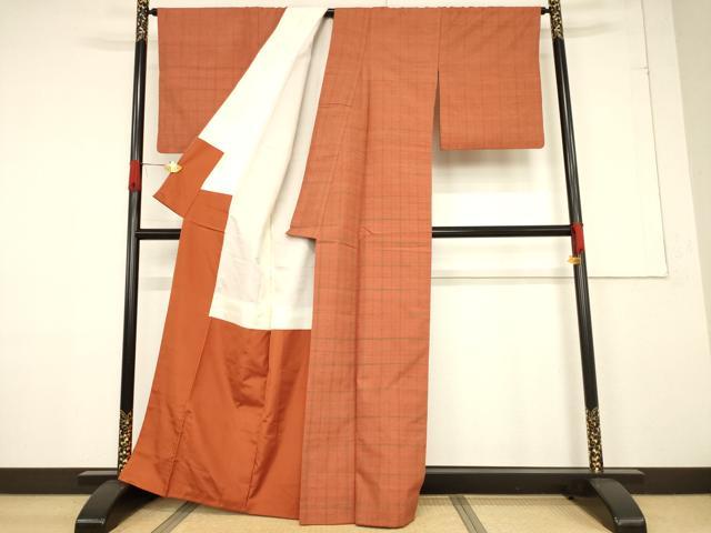 平和屋着物●結城紬　格子　正絹　逸品　AABF1397ck