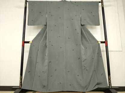平和屋着物●上質な小紋　コウモリ　寿字　薄鼠色地　正絹　逸品　AABF1400ck