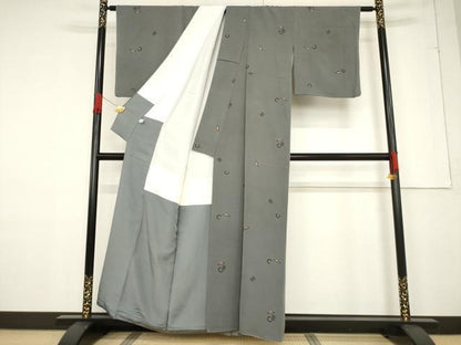 平和屋着物●上質な小紋　コウモリ　寿字　薄鼠色地　正絹　逸品　AABF1400ck