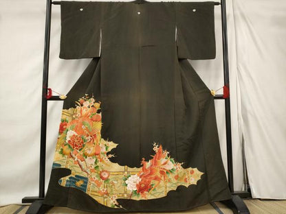 平和屋着物■豪華黒留袖 駒刺繍 鳳凰枝梅文 金糸 金彩 正絹 逸品 AABF1467st