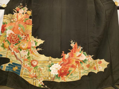 平和屋着物■豪華黒留袖 駒刺繍 鳳凰枝梅文 金糸 金彩 正絹 逸品 AABF1467st