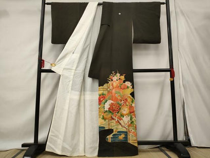 平和屋着物■豪華黒留袖 駒刺繍 鳳凰枝梅文 金糸 金彩 正絹 逸品 AABF1467st