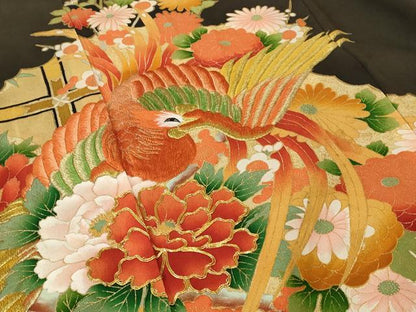 平和屋着物■豪華黒留袖 駒刺繍 鳳凰枝梅文 金糸 金彩 正絹 逸品 AABF1467st