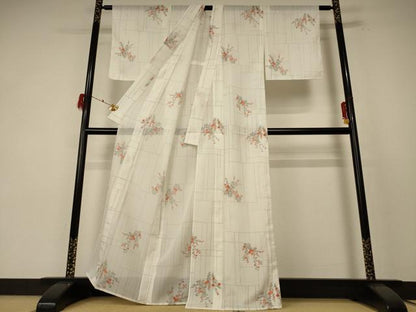 平和屋着物＊夏物 小紋 絽 草花文 洗える着物 AABF1570jd