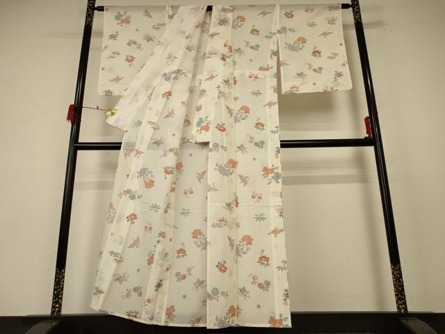 平和屋着物＊夏物 小紋 絽 型染め 花鳥文 洗える着物 AABF1582jd