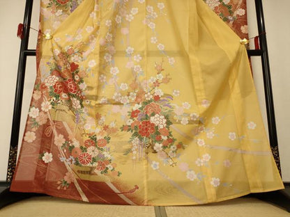 平和屋着物＊夏物 振袖 絽 草花文 金彩 洗える着物 AABF1600jd