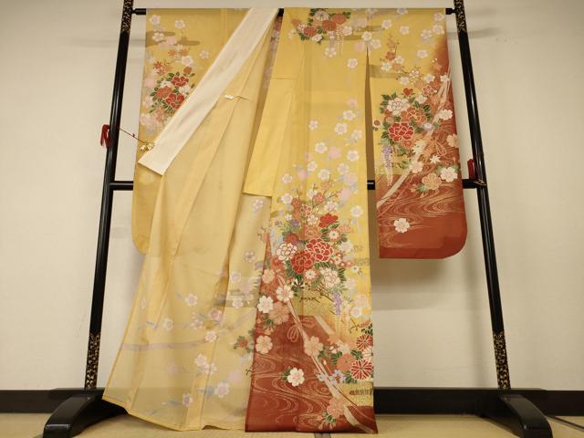 平和屋着物＊夏物 振袖 絽 草花文 金彩 洗える着物 AABF1600jd